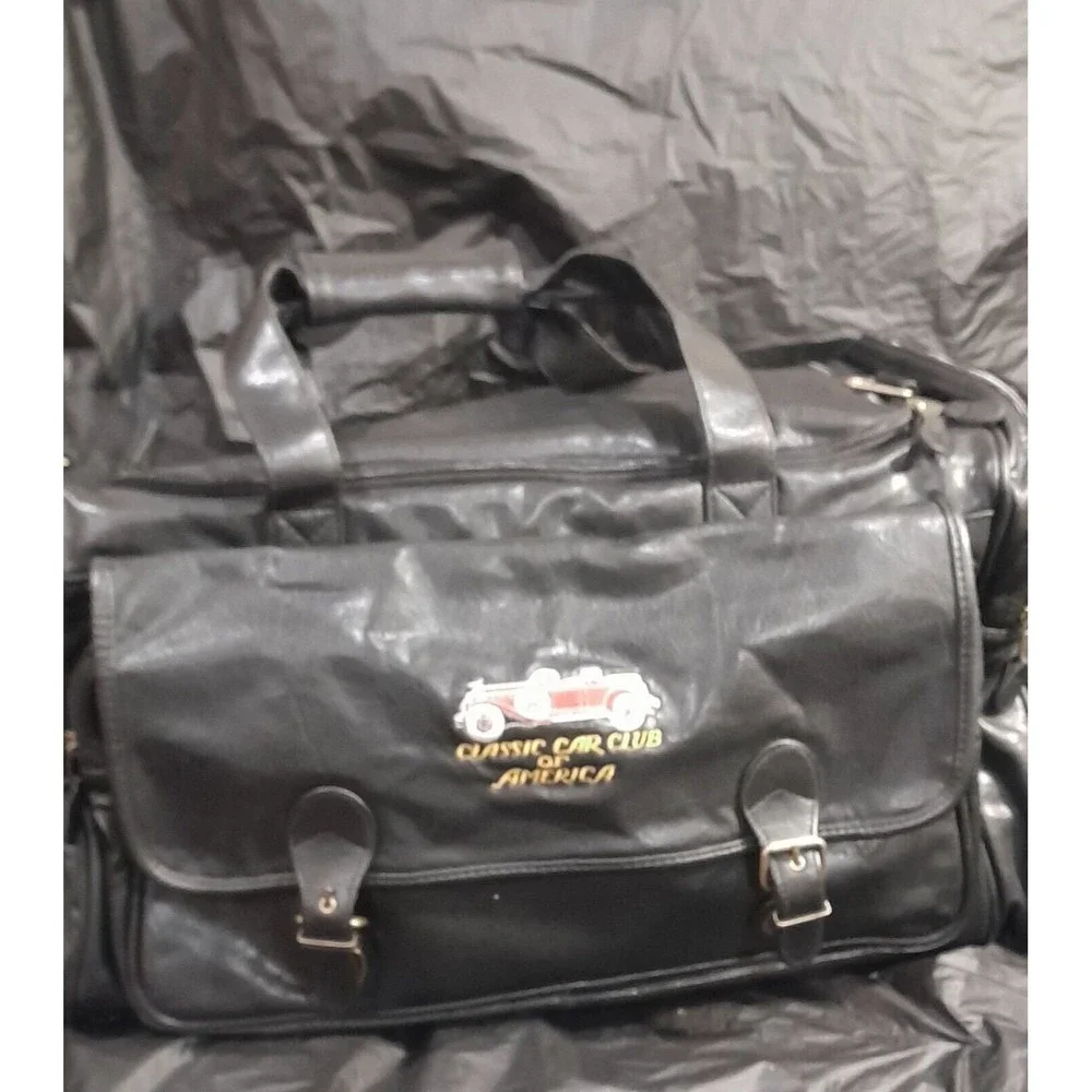 Vtg Classic Car Club Of America, Black Leather Travel Bag, Duffel, 24 Inch HTF